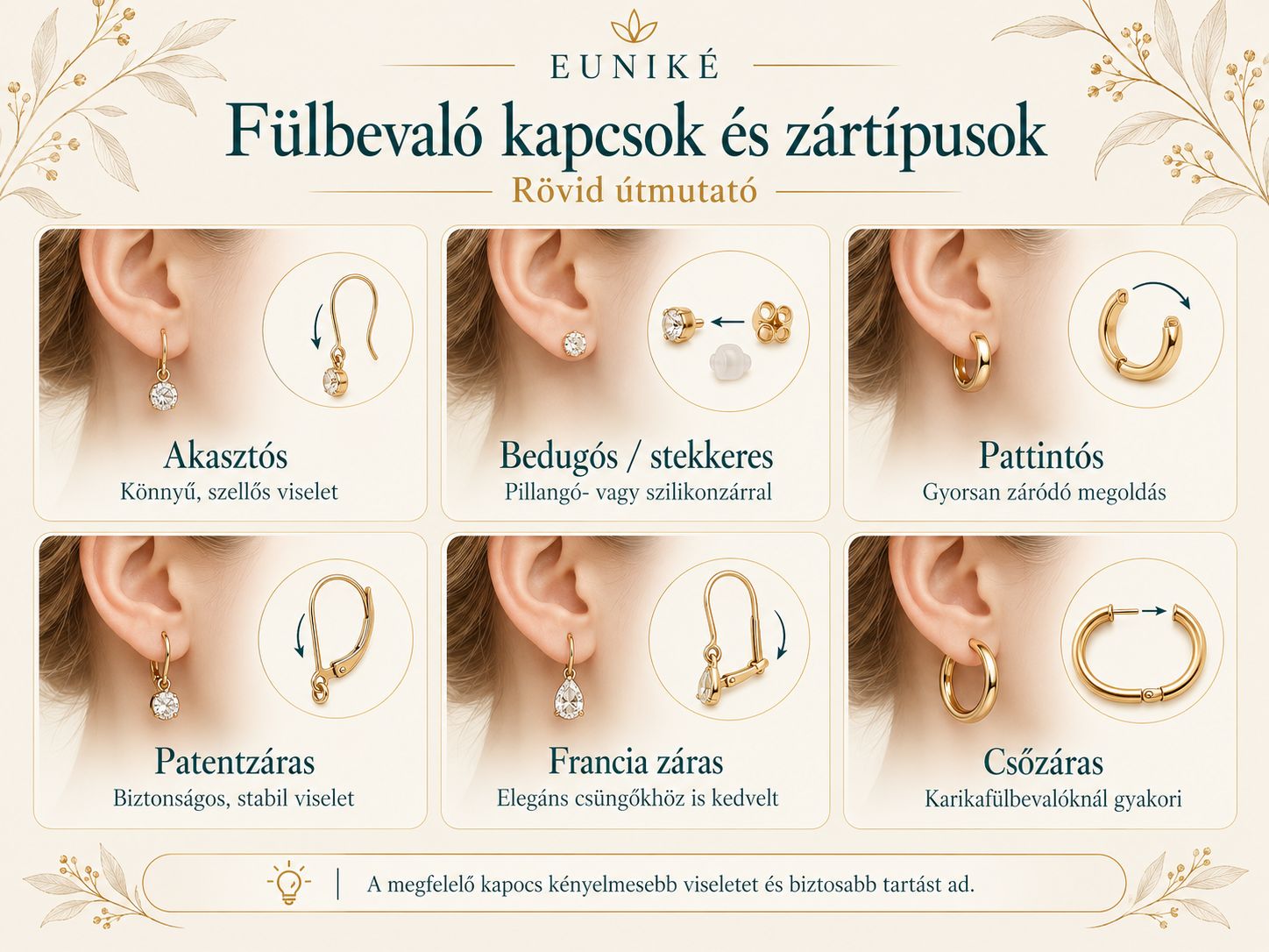 Fülbevaló kapcsok és zártípusok útmutató