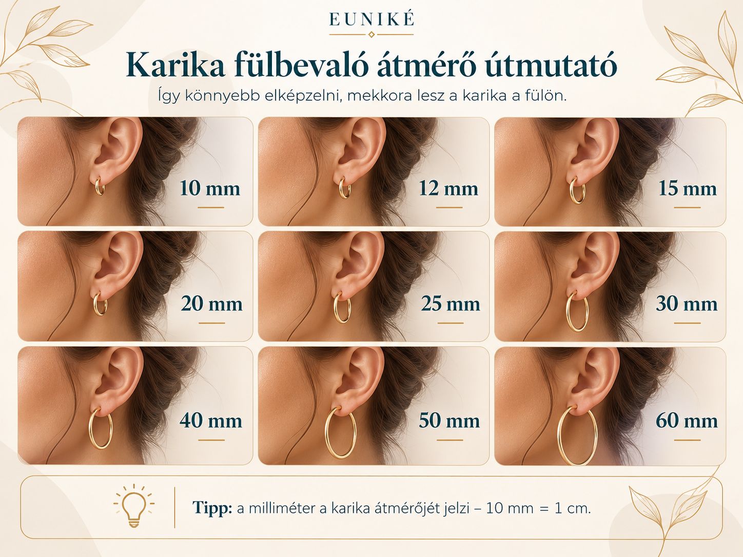 Karika fülbevaló méret útmutató 10 és 60 mm közötti átmérőkkel